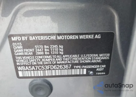 2015 BMW 528 Xi z USA, uszkodzony, nr VIN WBA5A7C53FD626367